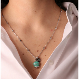 Collana in Metallo con campanella portafortuna verde acqua, con scritta Capri